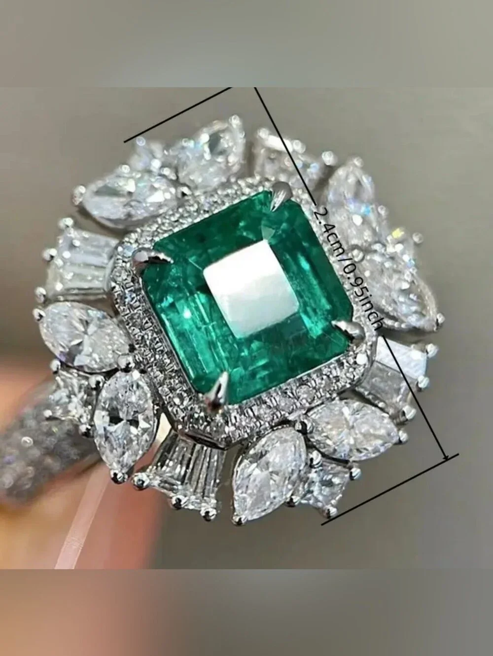 White Rhodium Emerald Halo Cocktail Ring